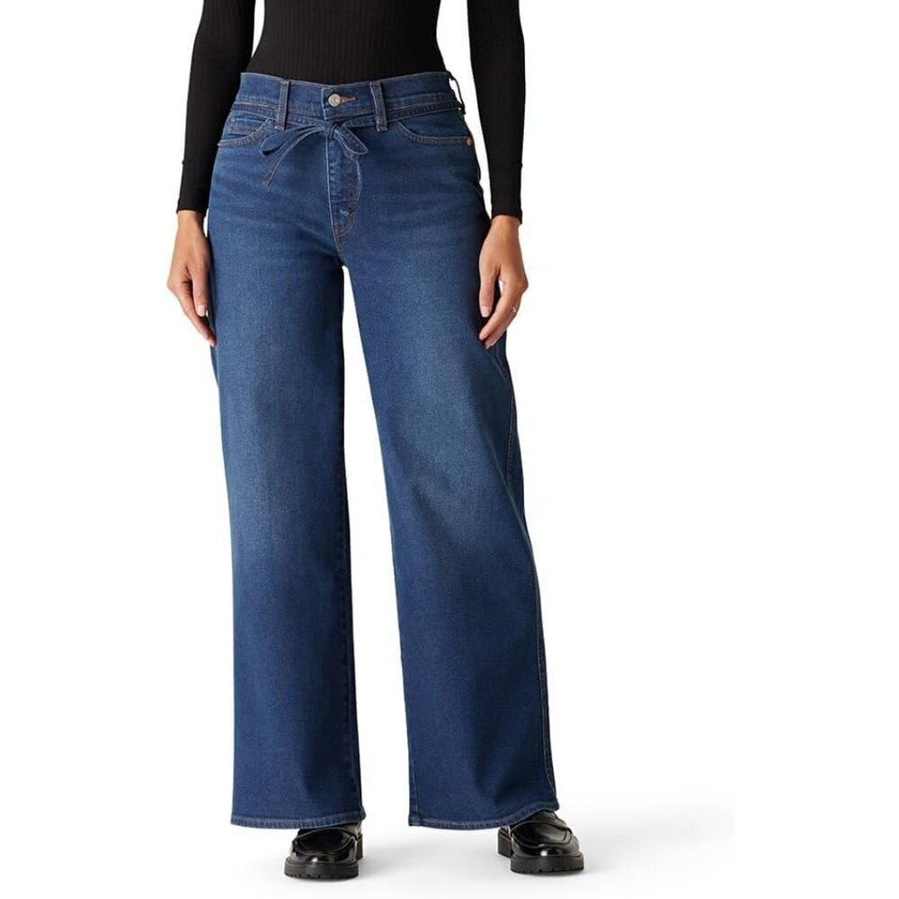 Womens Wide Leg Jeans Cotton Blend Mid Rise Belted Classic Comfort